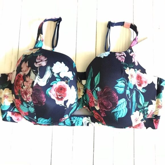 Cacique 48DDD underwire Balconette bra lined blue floral Lane Bryant New w/Tags - Picture 1 of 8